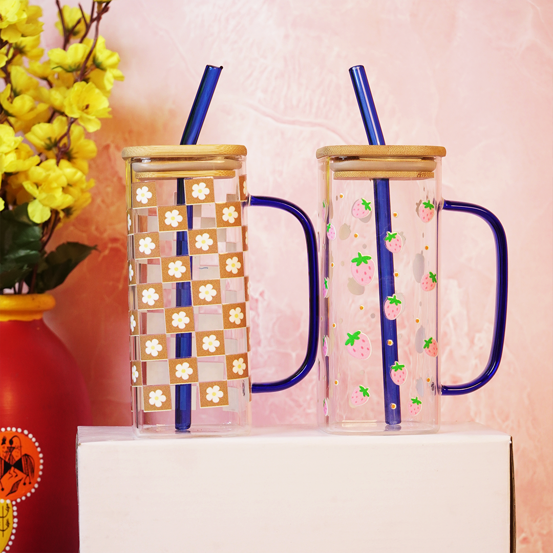 Set-2 Printed Glass Cup With Bamboo Lid & Reusable Straw