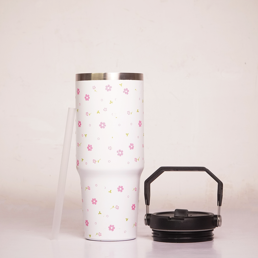 Floral Print Tumbler with Teddy Bear Charm, Handle, Lid & Straw
