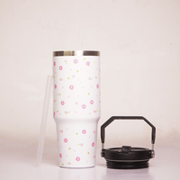 Floral Print Tumbler with Teddy Bear Charm, Handle, Lid & Straw