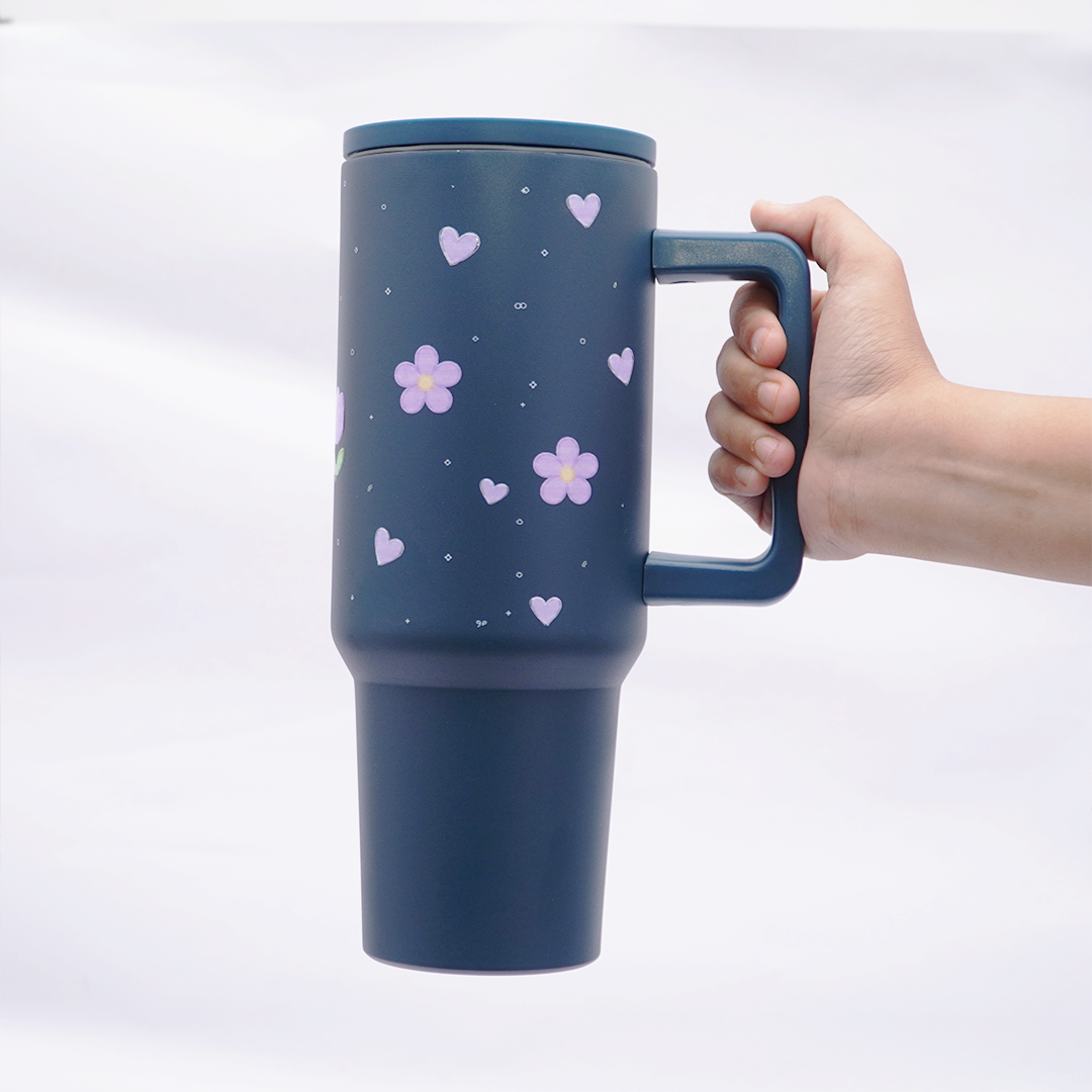 Lavender Floral Stainless Steel Travel Tumbler with Handle & Leakproof Lid | Double Wall Vacuum Insulated Coffee Mug