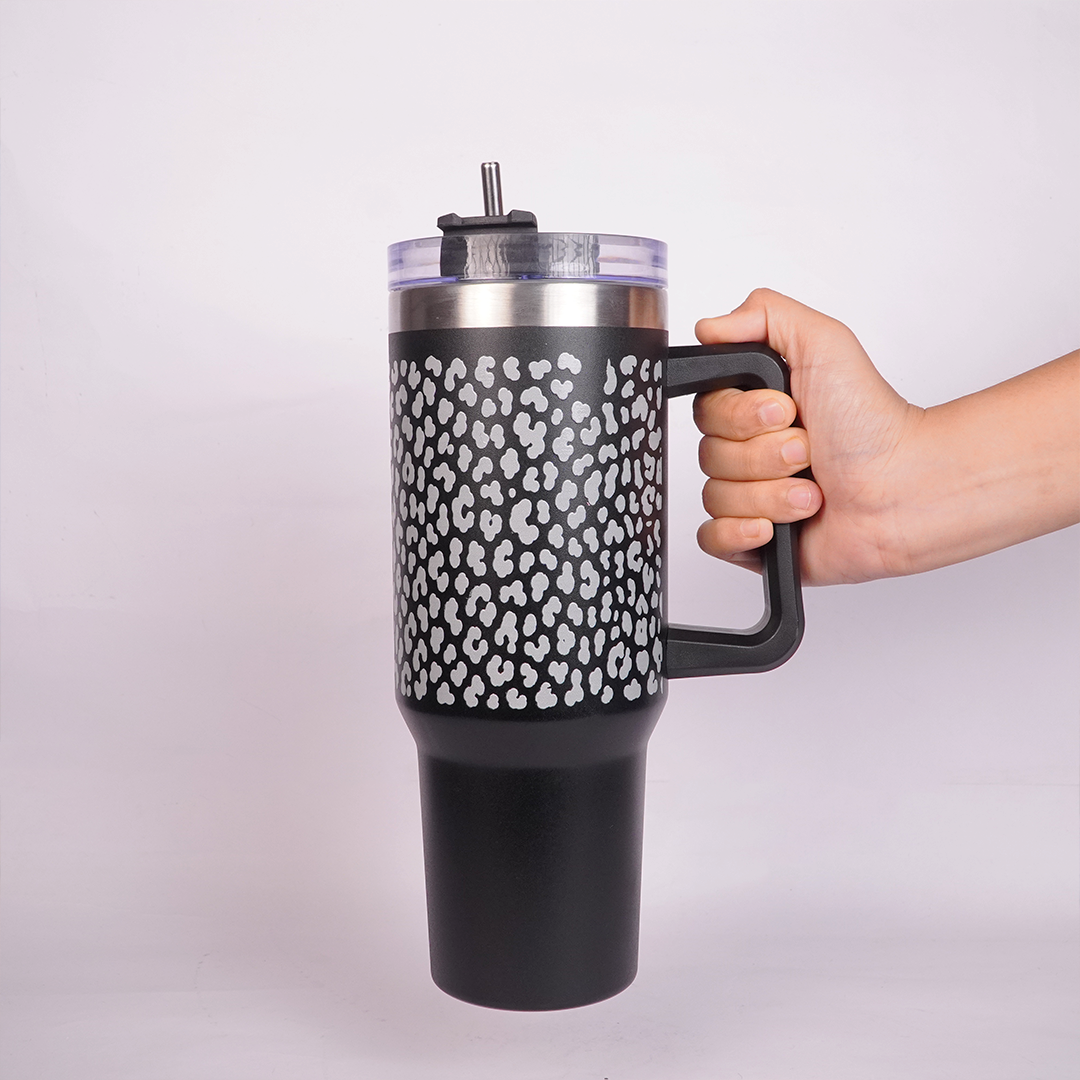 Black Leopard Print Tumbler with Handle & Straw – Stylish Reusable Travel Cup for Women & Girls