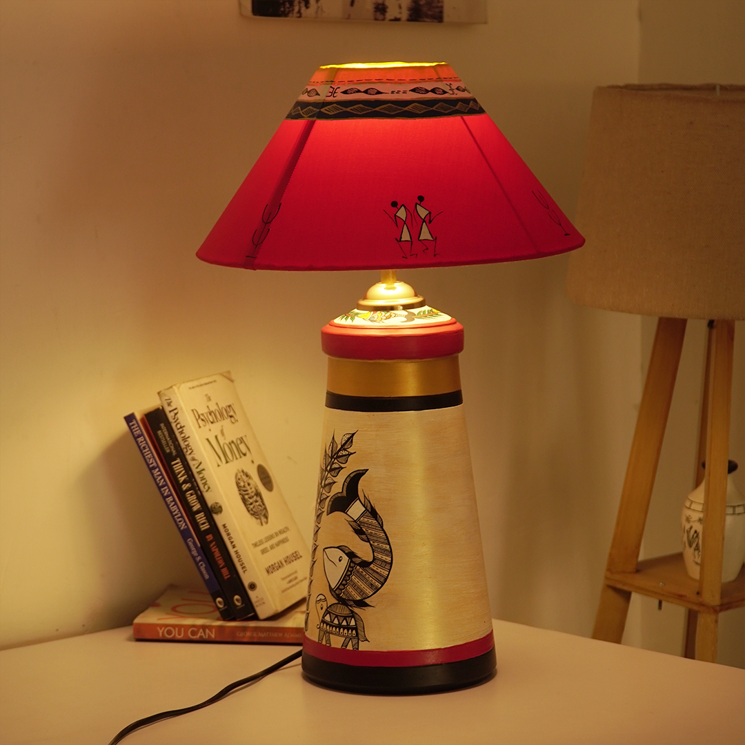 Handcrafted Warli Art Table Lamp – Red & Gold Ethnic Shade