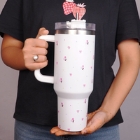 White Flower Tumbler with Handle & Straw – Cute Rose & Bow Design Reusable Travel Cup