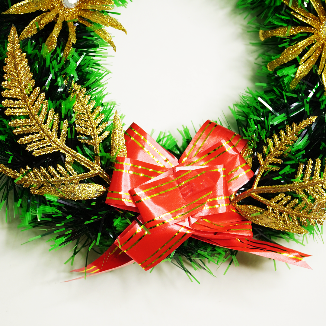 Festive Green Christmas Wreath with Golden Décor & Red Bow