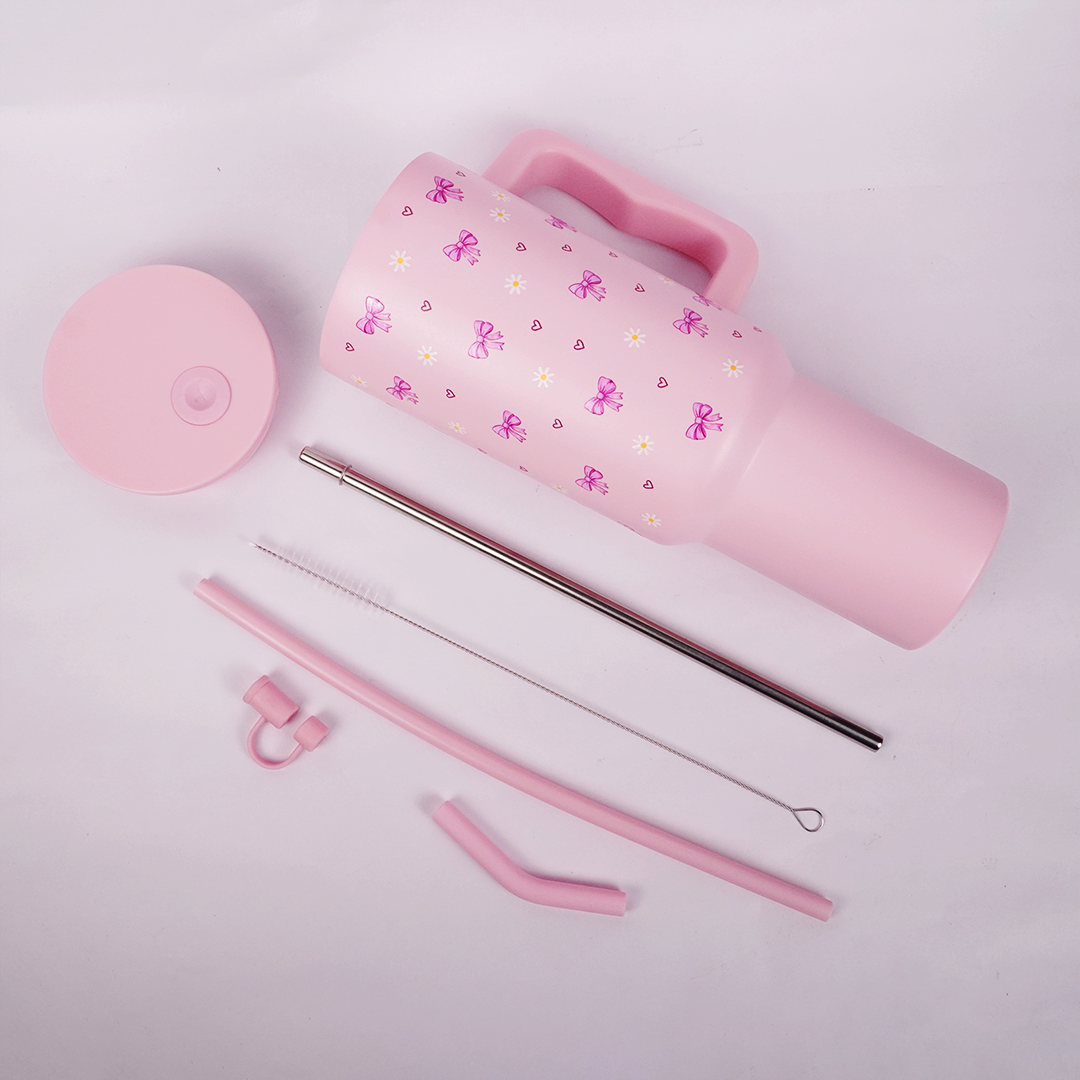Cute Pastel Pink Tumbler with Bow, Daisy & Heart