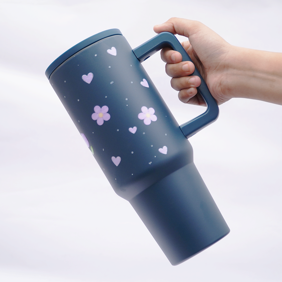 Purple Floral 40 OZ Tumbler with Handle & Leakproof Lid |