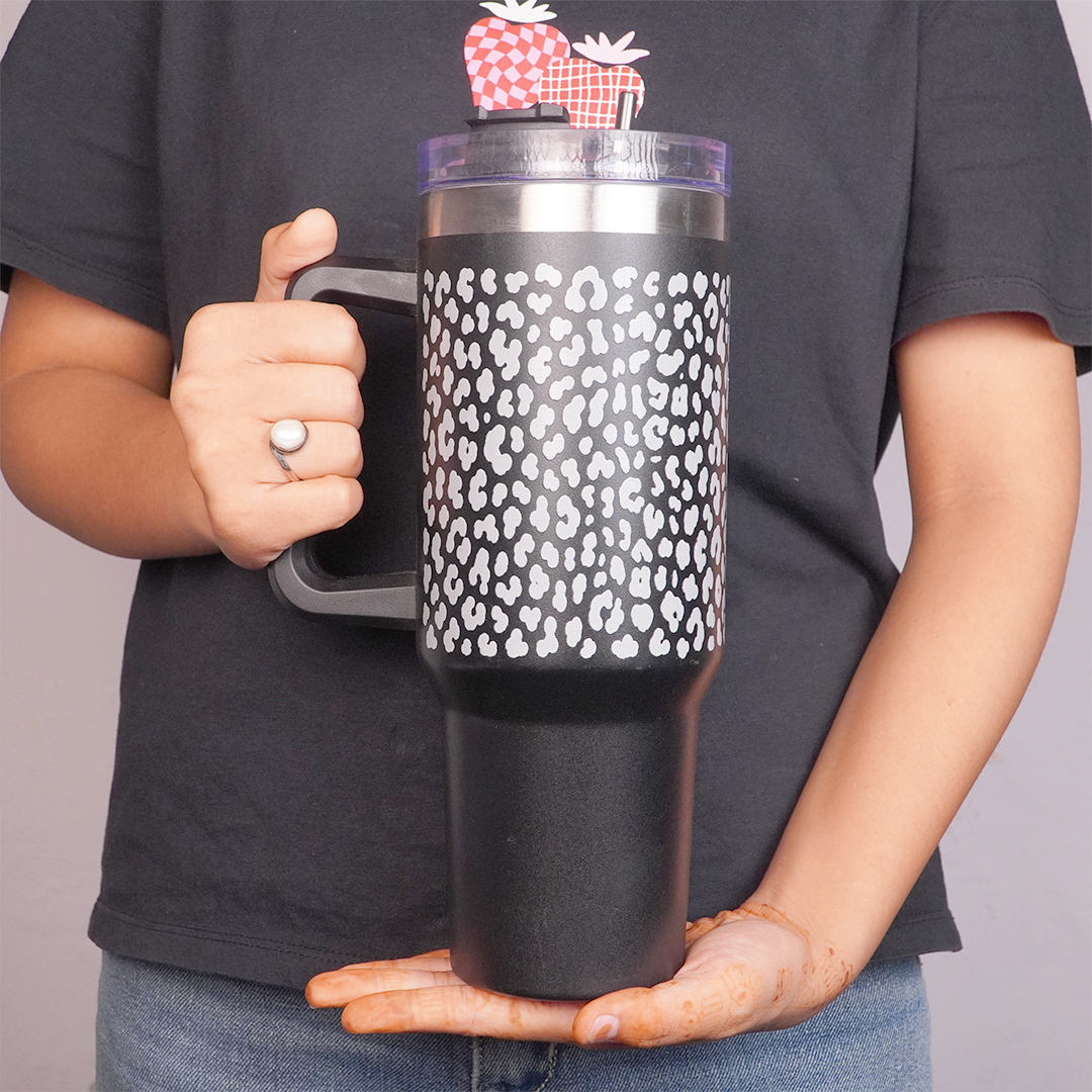 Black Leopard Print Tumbler with Handle & Straw – Stylish Reusable Travel Cup for Women & Girls