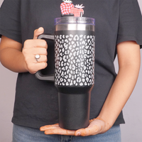 Black Leopard Print Tumbler with Handle & Straw – Stylish Reusable Travel Cup for Women & Girls