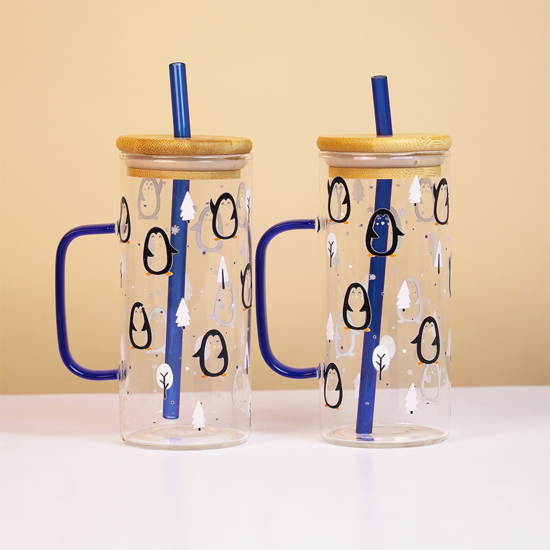 Winter Penguin in Forest Glass Tumbler with Handle & Bamboo Lid – Set of 2 | Festive Holiday Design with Straw