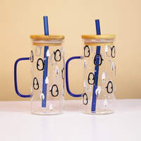 Winter Penguin in Forest Glass Tumbler with Handle & Bamboo Lid – Set of 2 | Festive Holiday Design with Straw