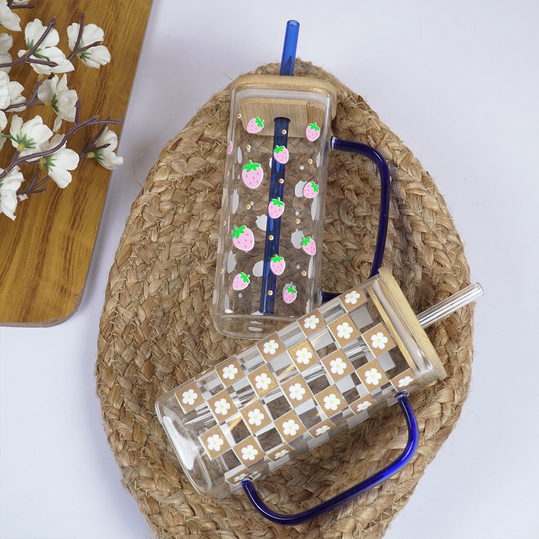 Set-2 Printed Glass Cup With Bamboo Lid & Reusable Straw