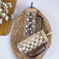 Set-2 Printed Glass Cup With Bamboo Lid & Reusable Straw