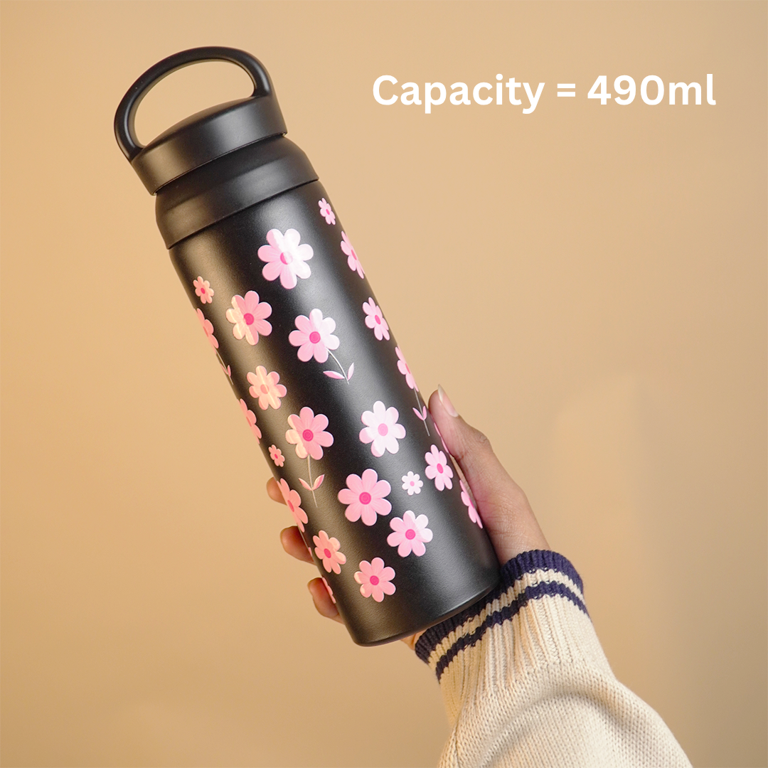 Daisy Bloom Vacuum Insulated Tumbler – 490ml Hot & Cold Stainless Steel Bottle with Carry Loop Lid