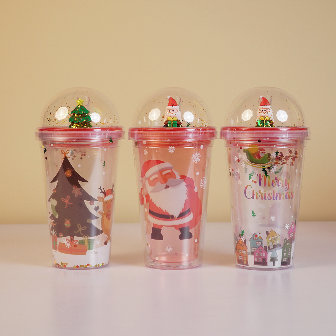 Merry Christmas Transparent Sipper with Dome Lid & Straw (Random Design Only Pack of 1)
