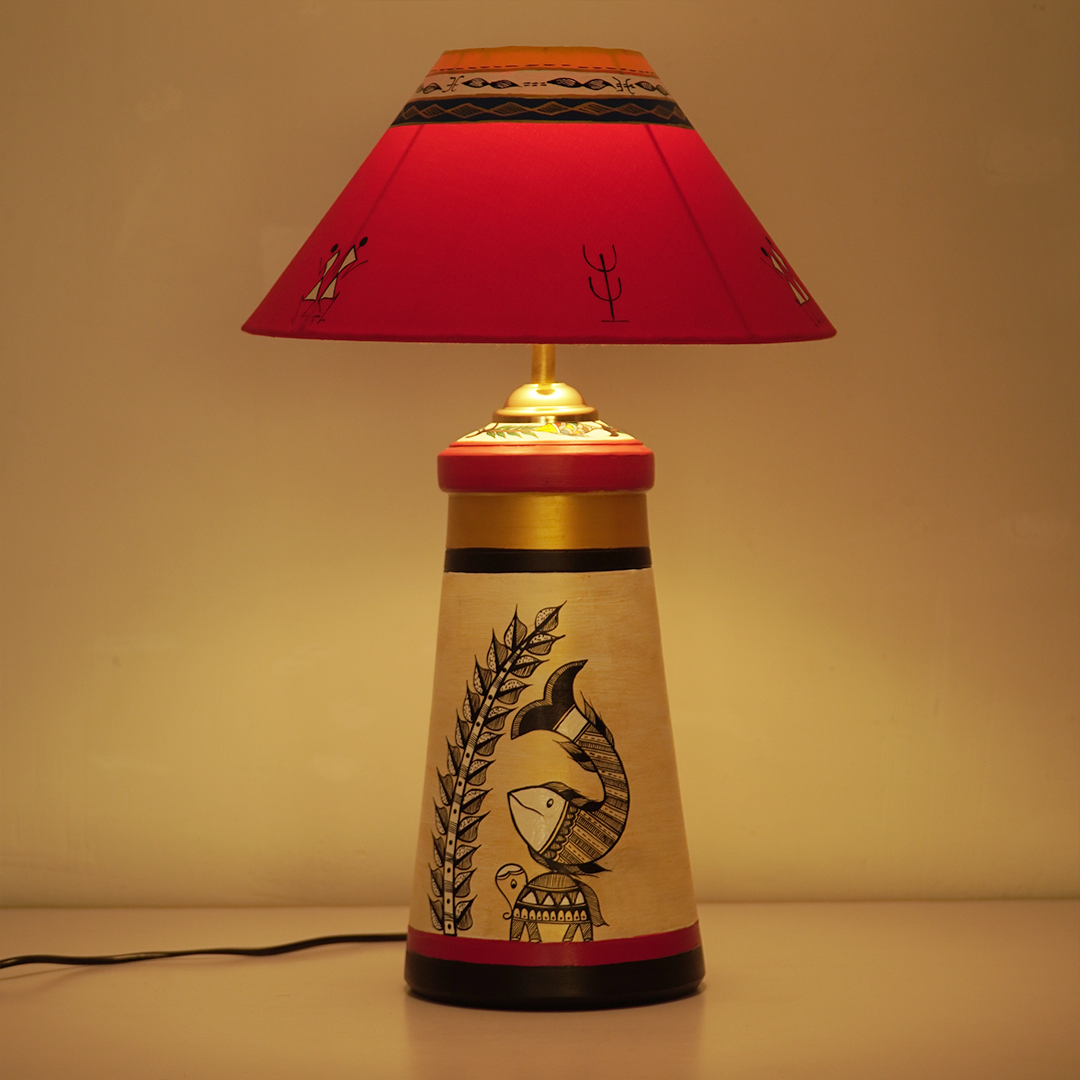 Handcrafted Warli Art Table Lamp – Red & Gold Ethnic Shade