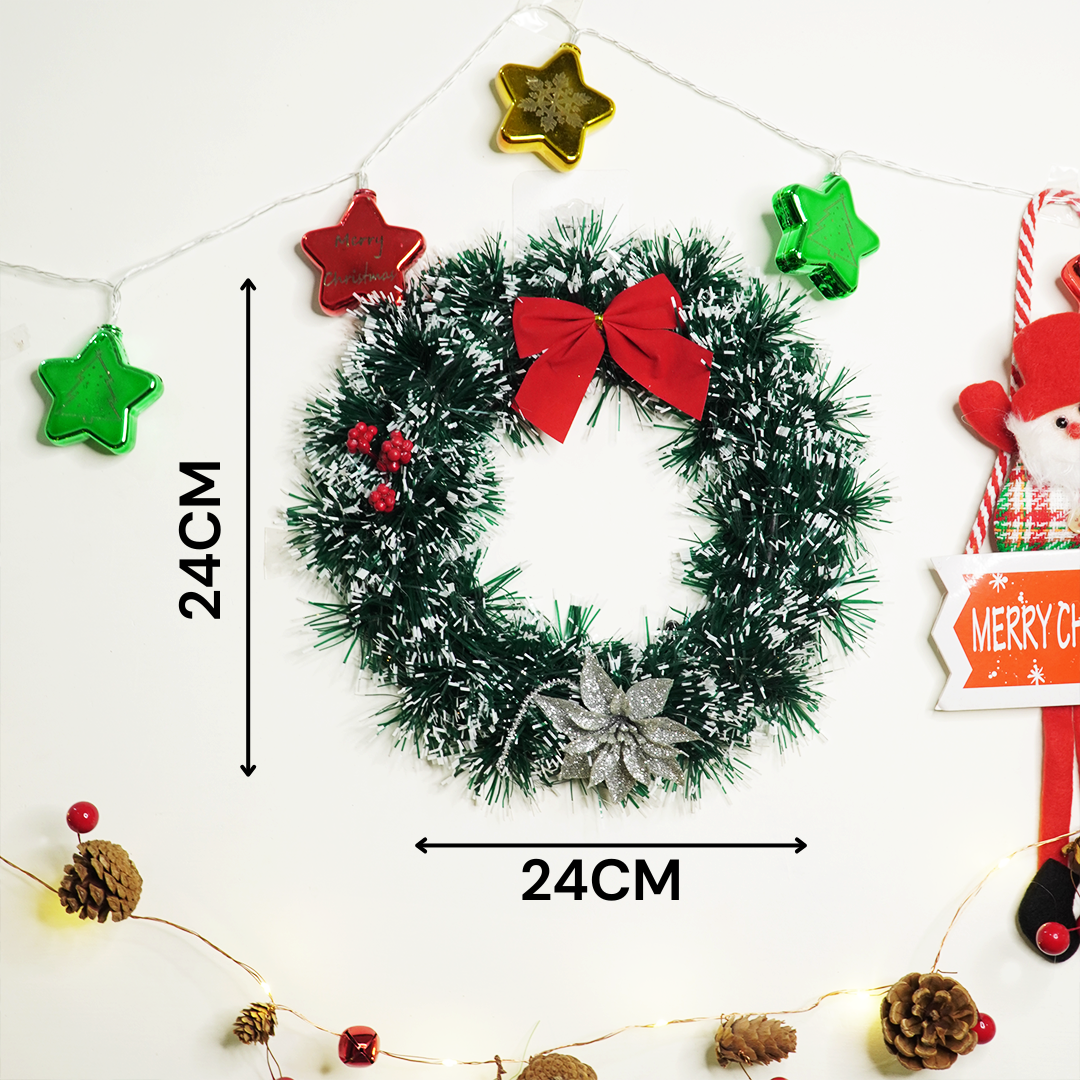 Snow-Frosted Christmas Wreath with Red Bow & Silver Flower