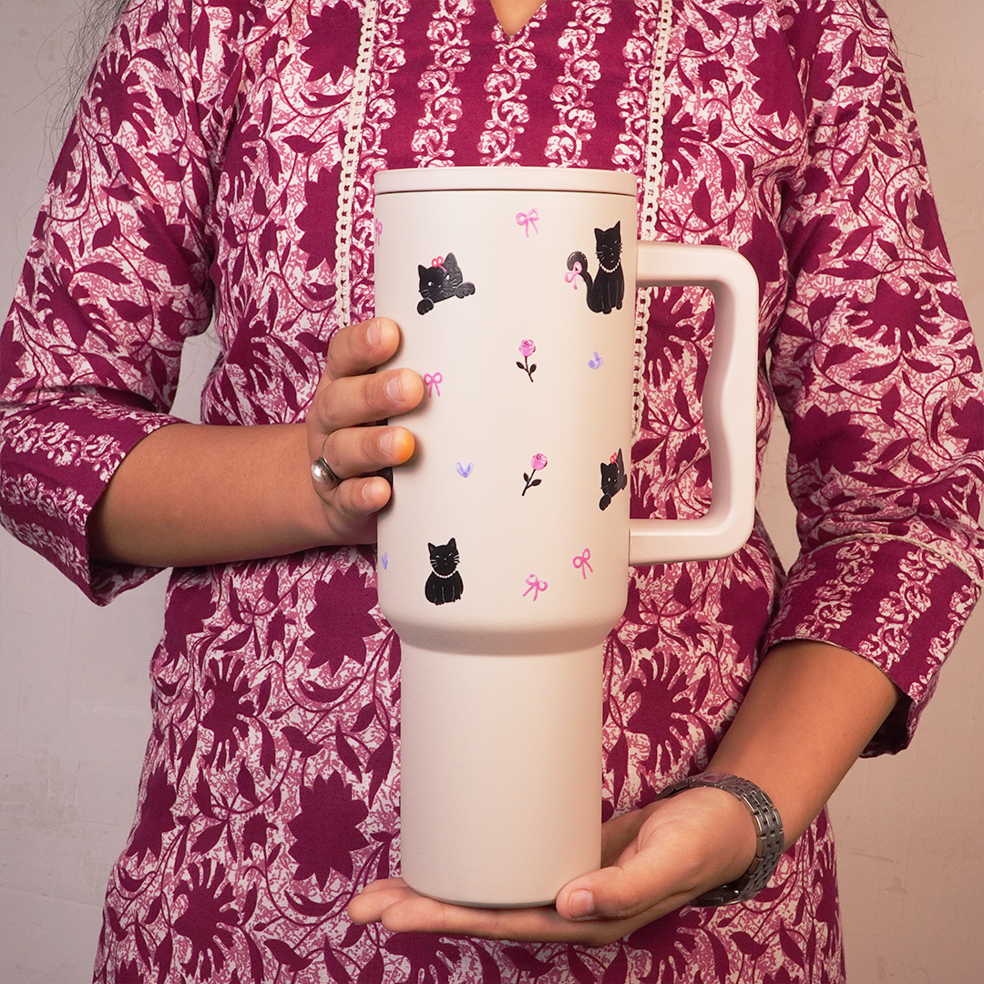 Cute Black Cat Travel Tumbler with Straw & Handle