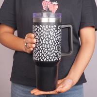 Black Leopard Print Tumbler with Handle & Straw – Stylish Reusable Travel Cup for Women & Girls