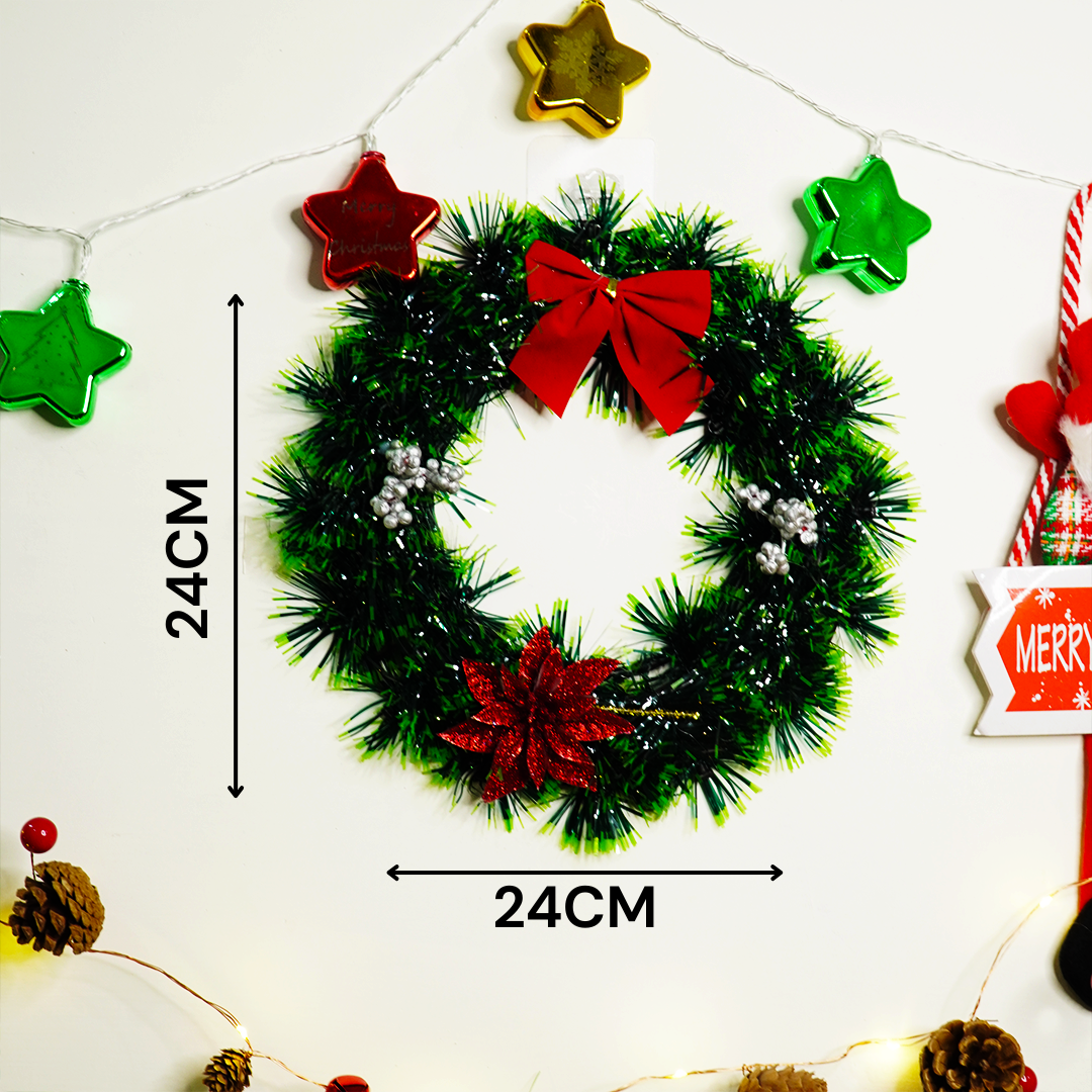 Christmas Green Wreath with Red Bow & Poinsettia