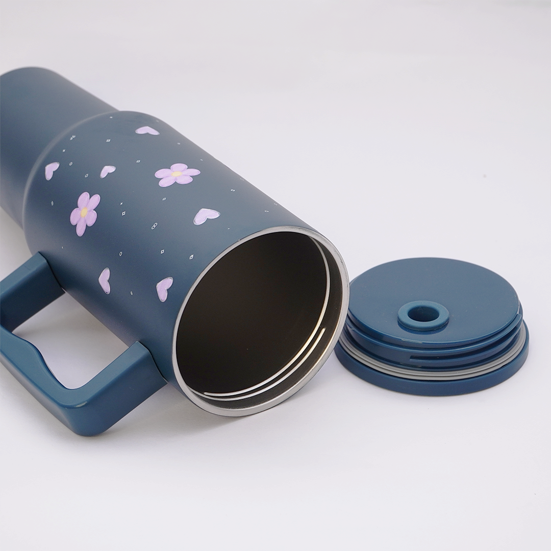 Purple Floral 40 OZ Tumbler with Handle & Leakproof Lid |