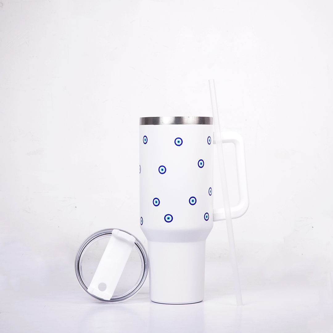 White Evil Eye Print Tumbler with Straw & Handle