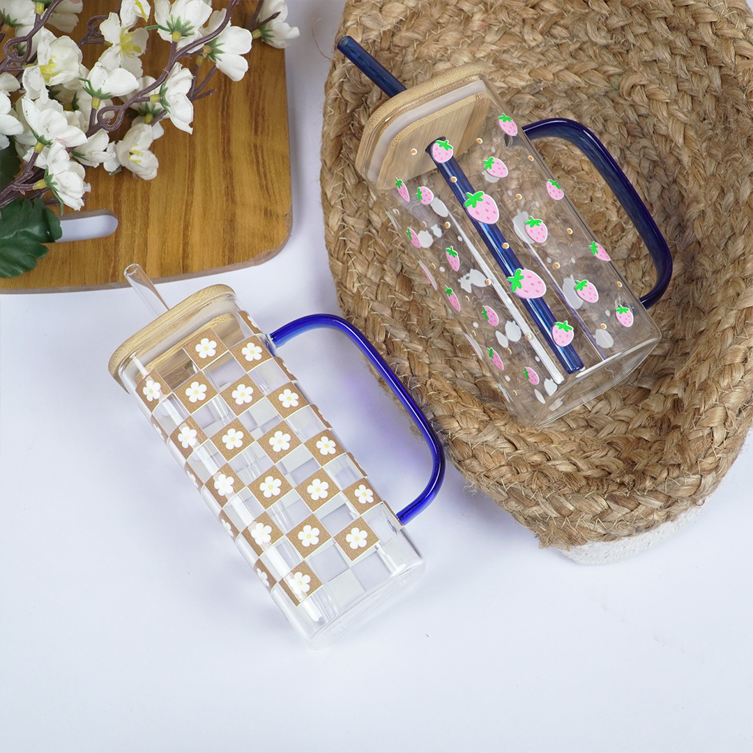 Set-2 Printed Glass Cup With Bamboo Lid & Reusable Straw