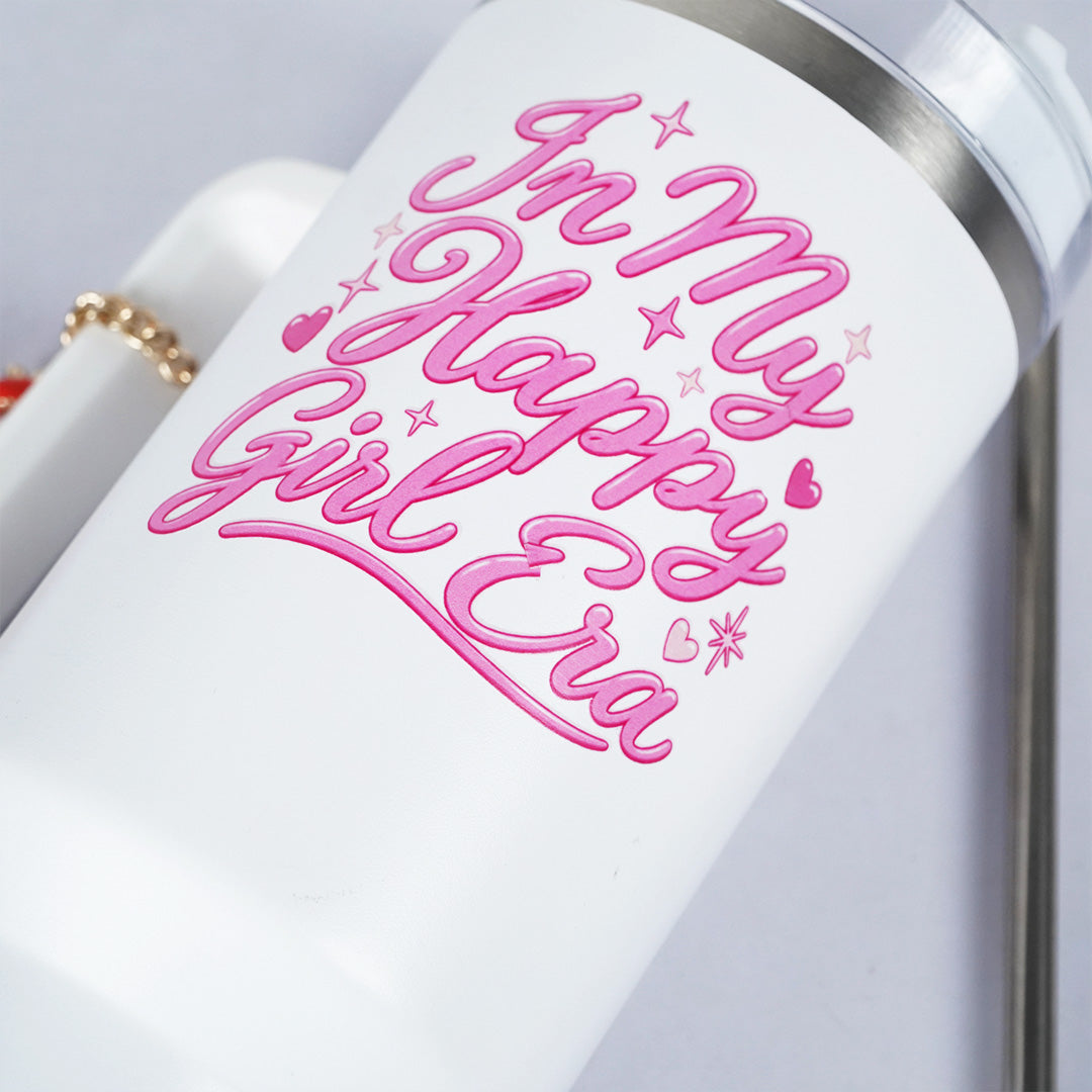 In My Happy Girl Era Printed Tumbler with Handle & Charm | Reusable Travel Cup | Cute Everyday Drinkware