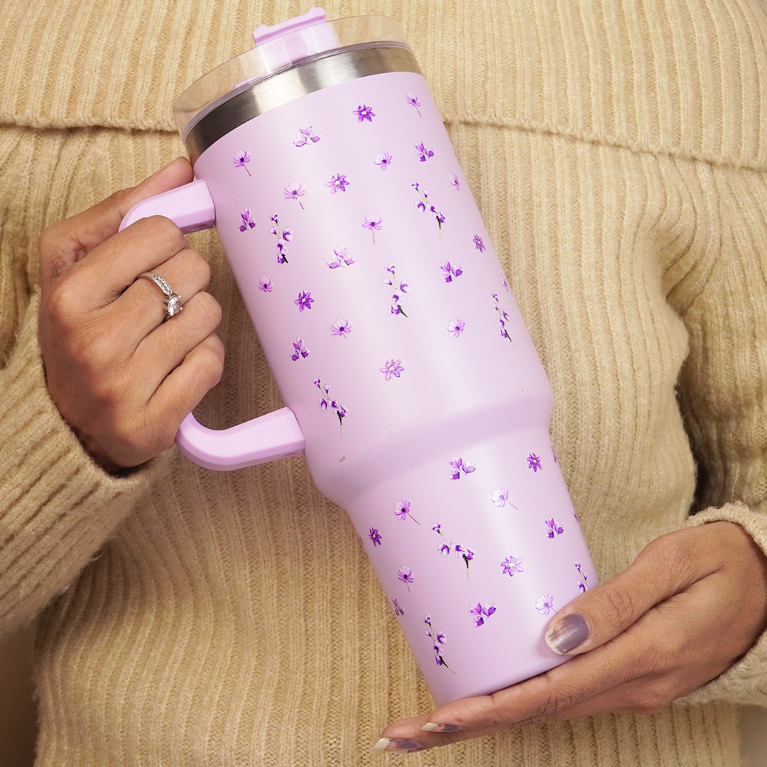 Floral Insulated Tumbler with Handle & Straw
