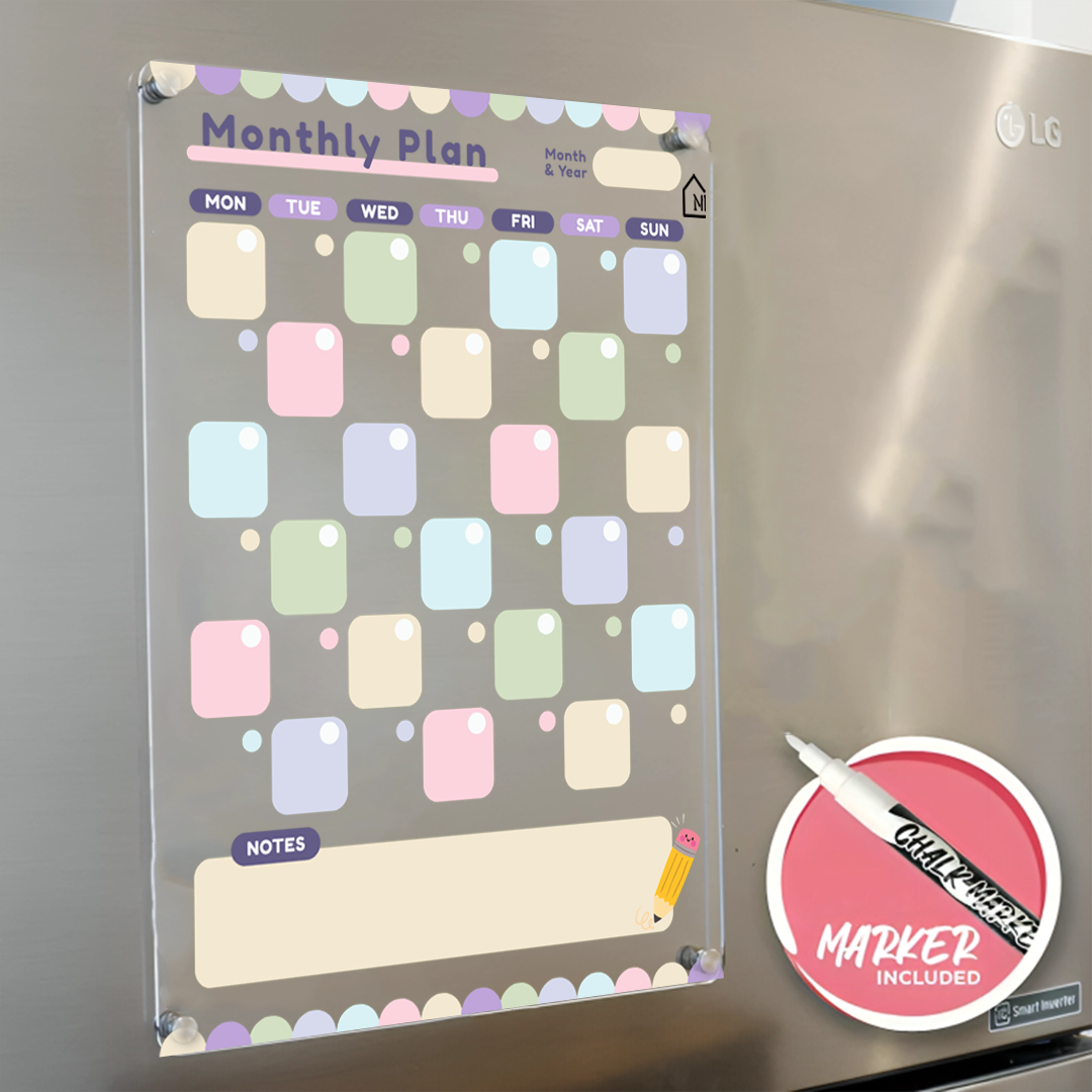 Pastel Acrylic Monthly Planner Board – Magnetic Fridge Organizer with Notes Section, Pens & Rag