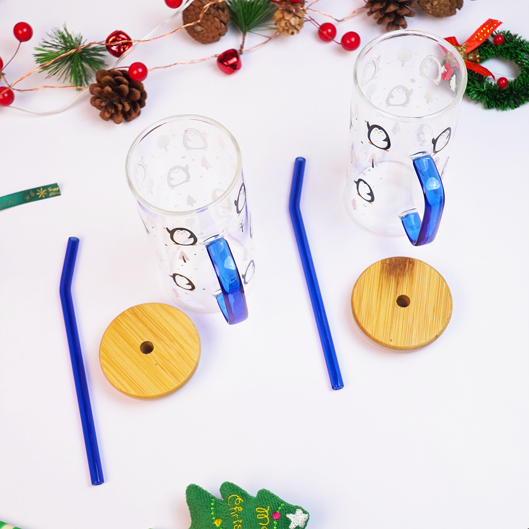 Winter Penguin in Forest Glass Tumbler with Handle & Bamboo Lid – Set of 2 | Festive Holiday Design with Straw