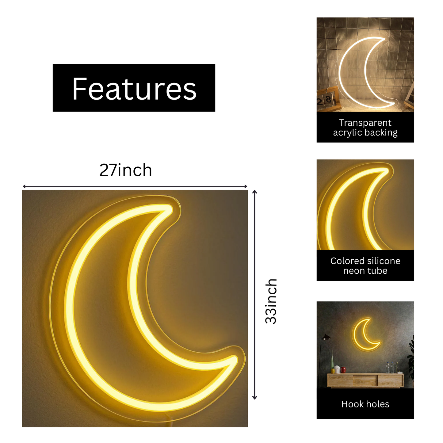 Crescent Moon Neon LED Light – Aesthetic Wall Décor for Bedroom & Living Spaces
