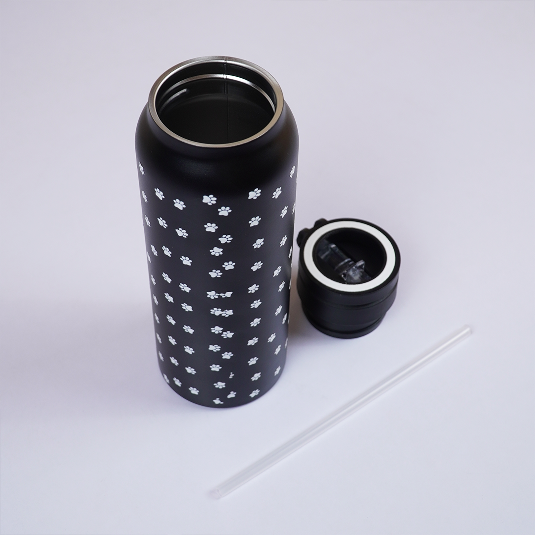 Black Paw Print Stainless Steel Water Bottle