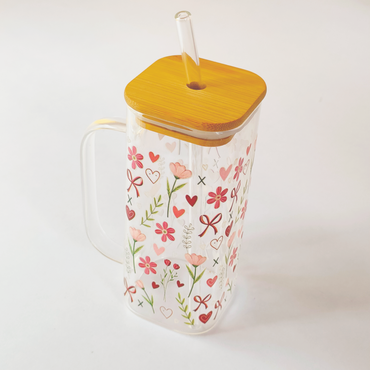 Blossom Heart Glass Tumbler with Handle, Bamboo Lid & Straw – Floral & Romantic Design