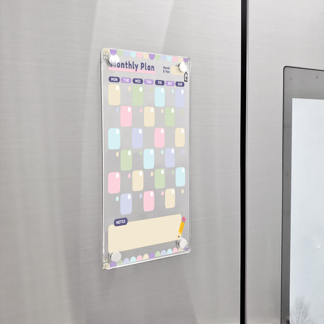 Pastel Acrylic Monthly Planner Board – Magnetic Fridge Organizer with Notes Section, Pens & Rag