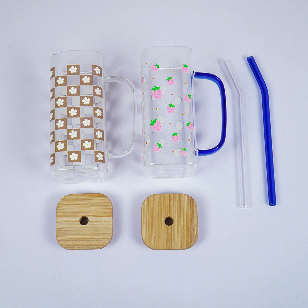 Set-2 Printed Glass Cup With Bamboo Lid & Reusable Straw