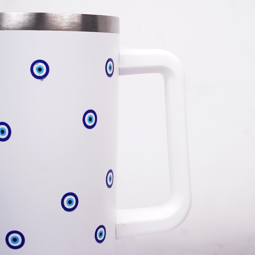 White Evil Eye Print Tumbler with Straw & Handle