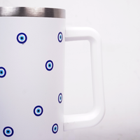 White Evil Eye Print Tumbler with Straw & Handle