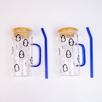 Winter Penguin in Forest Glass Tumbler with Handle & Bamboo Lid – Set of 2 | Festive Holiday Design with Straw