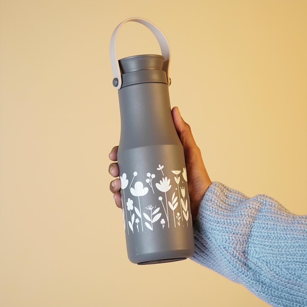Matte Grey Floral Stainless Steel Water Bottle