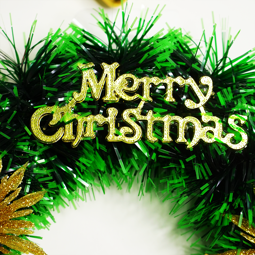 Festive Green Christmas Wreath with Golden Décor & Red Bow