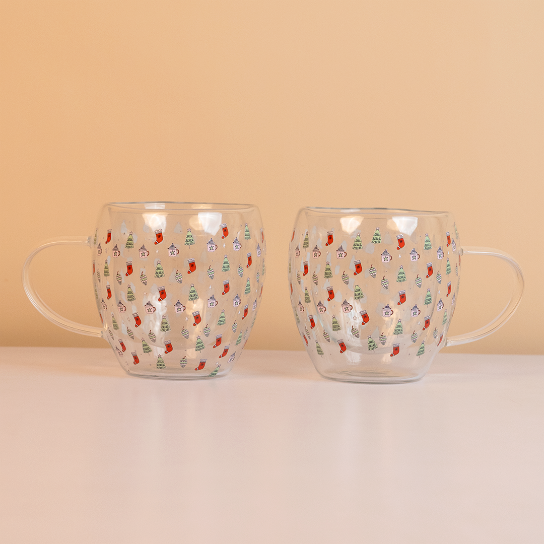 Set-2 Christmas Tree & Stocking -Double Wall Glass Mug