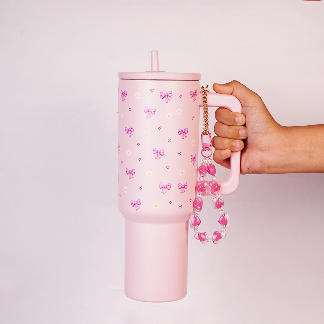 Cute Pastel Pink Tumbler with Bow, Daisy & Heart