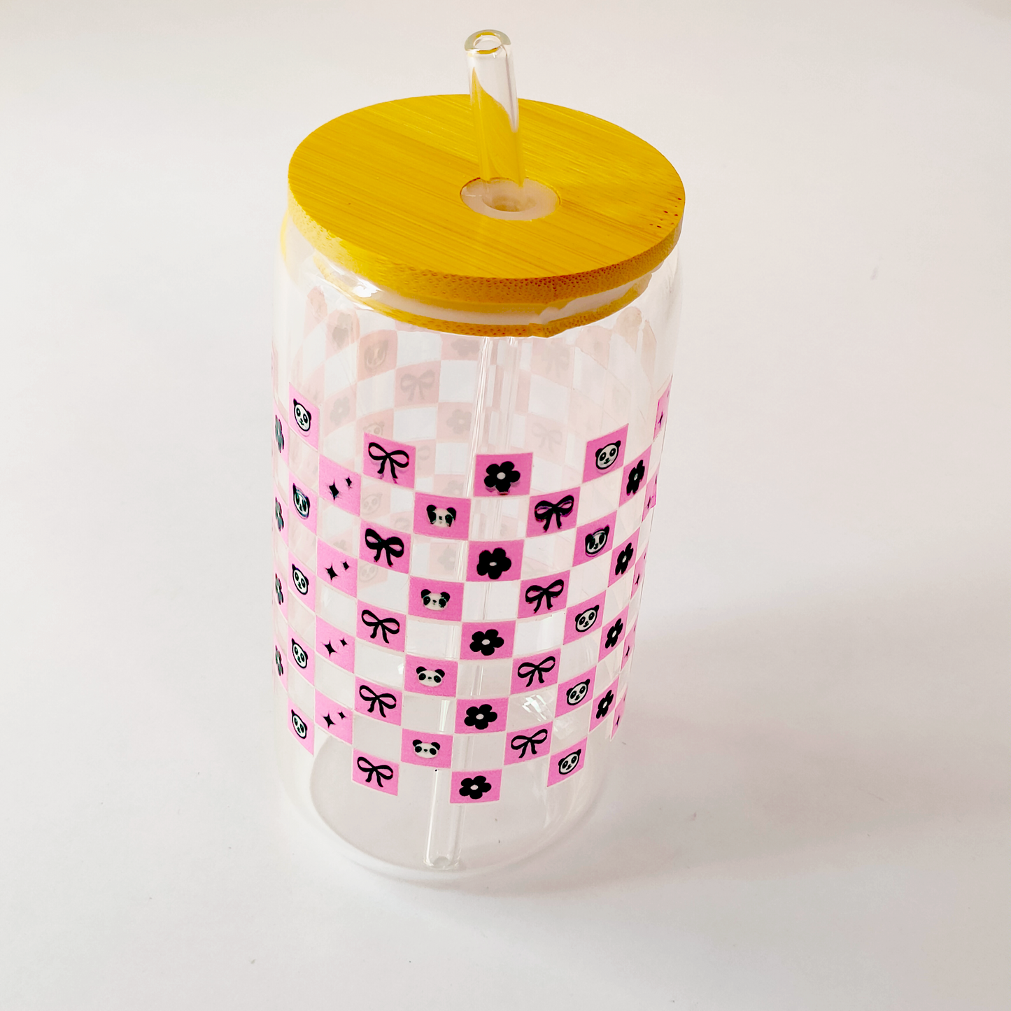Glass Tumbler Combo – Cherry & Panda Design with Bamboo Lid & Straw (Set of 2)