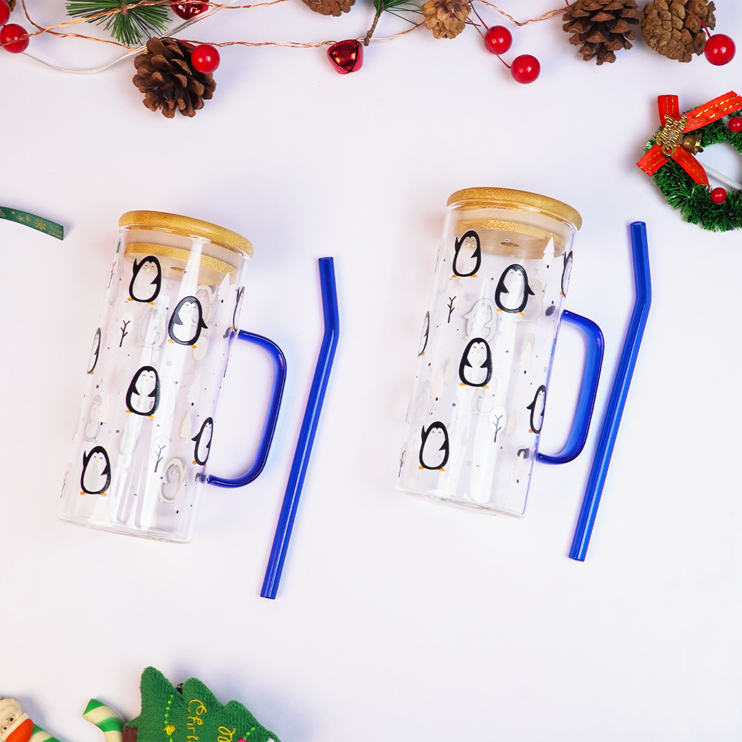 Winter Penguin in Forest Glass Tumbler with Handle & Bamboo Lid – Set of 2 | Festive Holiday Design with Straw