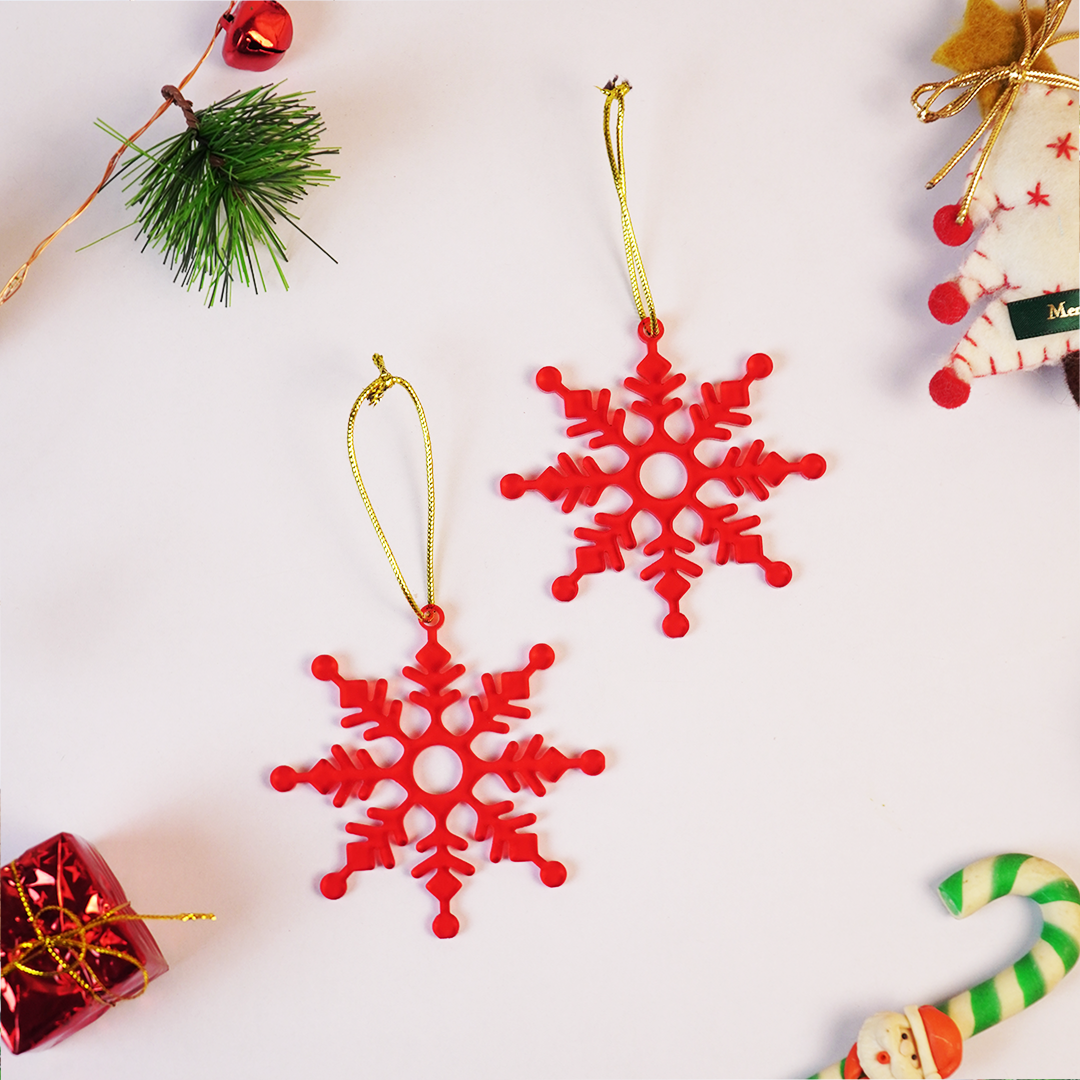 Set-6 Christmas Snowflake Ornaments – Red Hanging Decorations for Tree