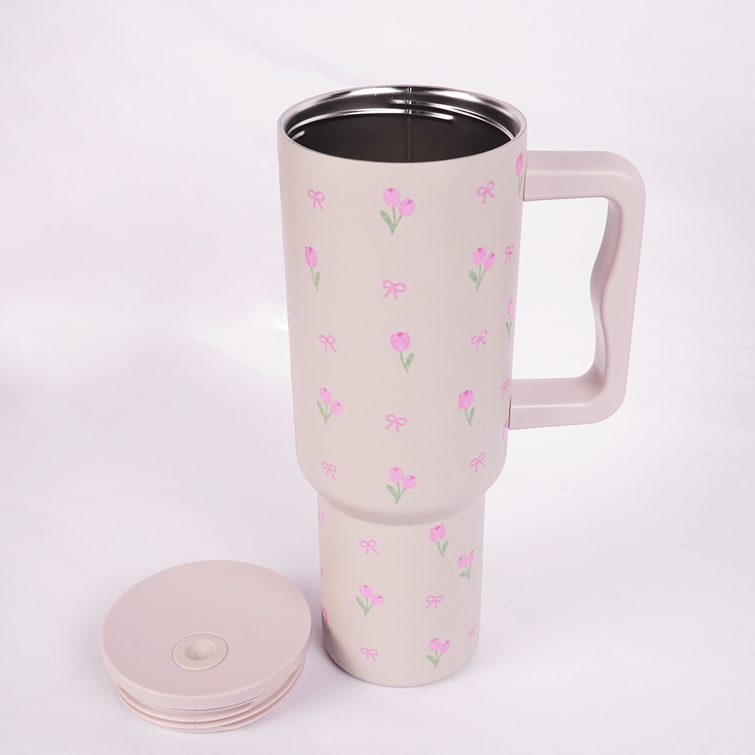 Pink Tulip Bow Tumbler with Straw & Hand