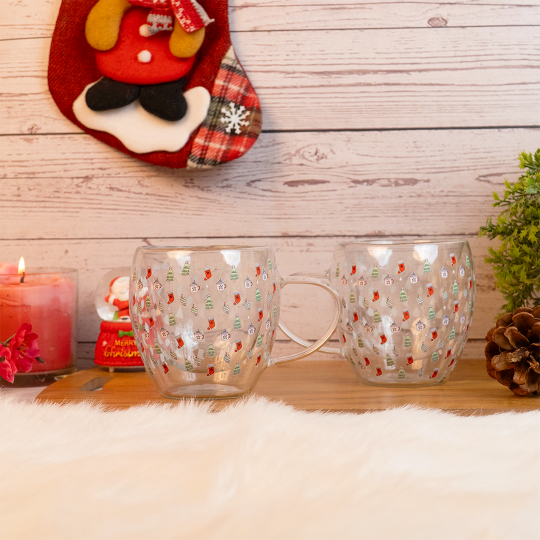 Set-2 Christmas Tree & Stocking -Double Wall Glass Mug