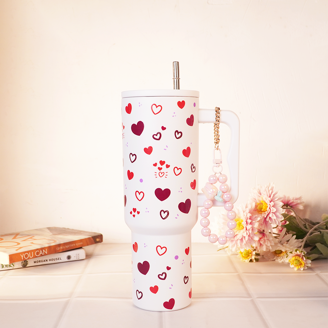 Red & Maroon Scattered Hearts Print TUMBLER