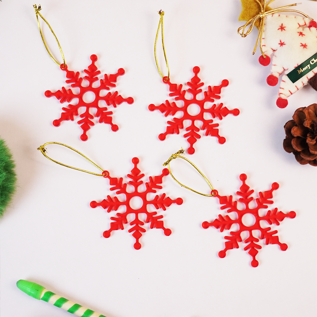 Set-6 Christmas Snowflake Ornaments – Red Hanging Decorations for Tree