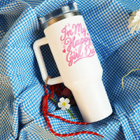 In My Happy Girl Era Printed Tumbler with Handle & Charm | Reusable Travel Cup | Cute Everyday Drinkware